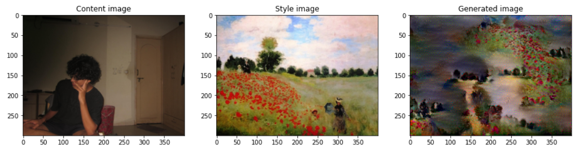 Seated person blended with the colours of a poppy-field painting