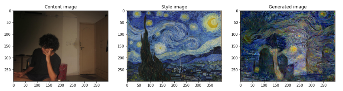 Seated person blended with the blues and yellows of Van Gogh's Starry Night